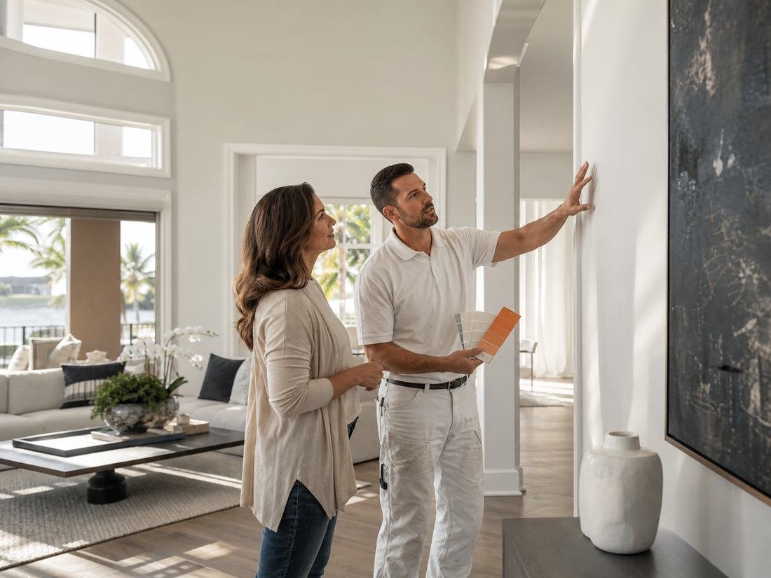 A painter holding a fan of colour swatches against a wall while a homeowner looks on.