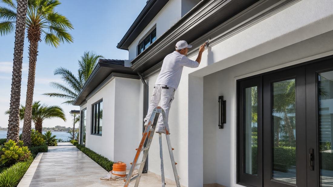 A painter on a step ladder cutting in along the underside of a soffit on a white stucco waterfront home framed by palms.