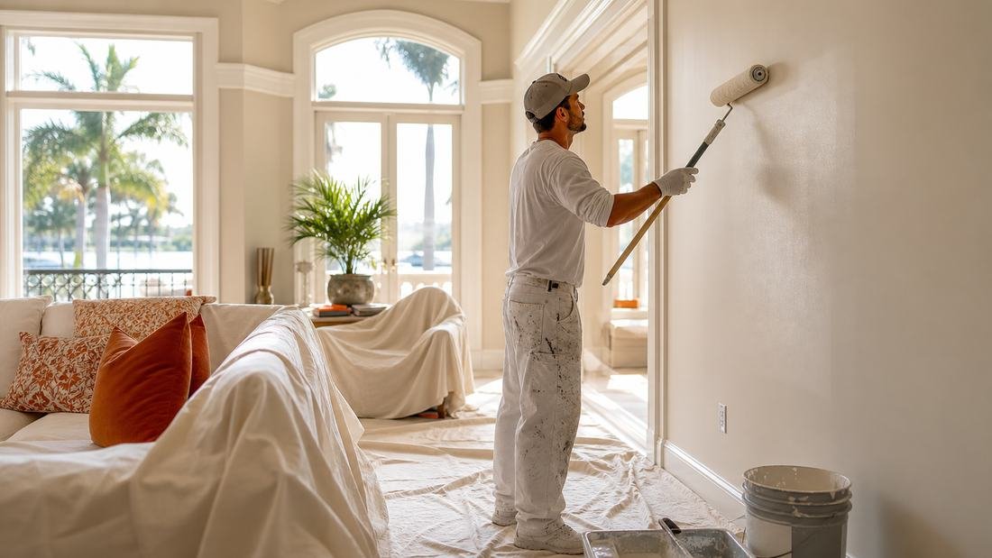 A painter rolling a fresh coat onto the wall of a bright waterfront living room, with the furniture fully draped in dust sheets and the floor covered.