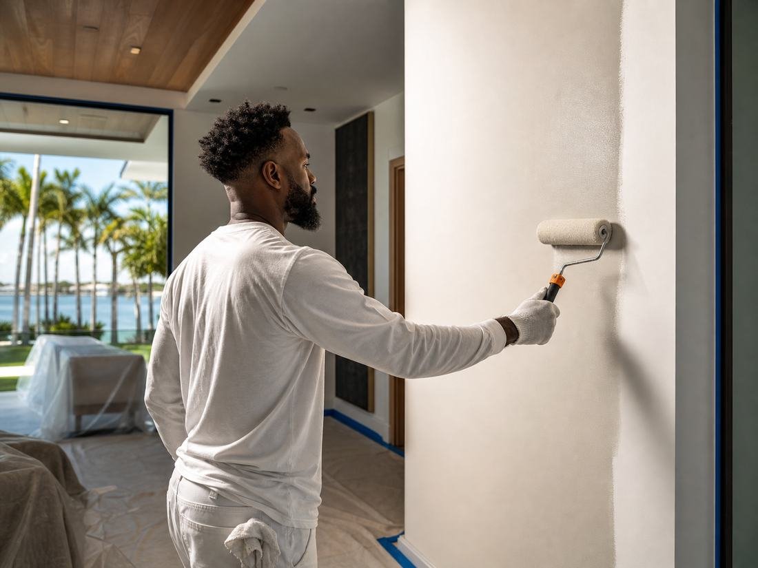 A painter rolling an even coat onto an interior wall, baseboards masked below.