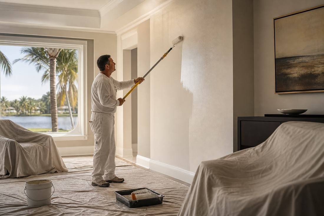 A painter using an extension roller to lay a fresh coat across a living room wall with furniture draped in sheeting.