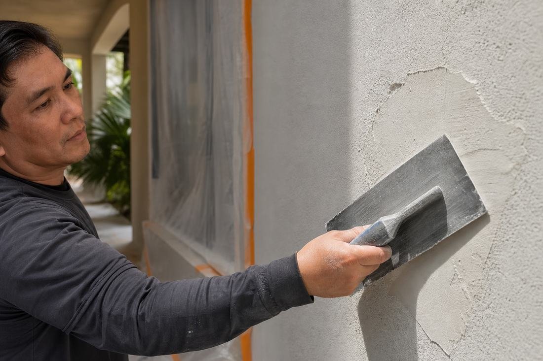 A painter smoothing fresh patching compound into a repaired section of exterior stucco with a steel trowel, the adjacent window already masked off.