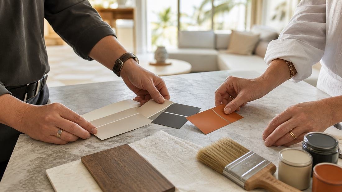 A contractor and a homeowner comparing paint swatch cards and sample pots across a kitchen island during an estimate walkthrough.