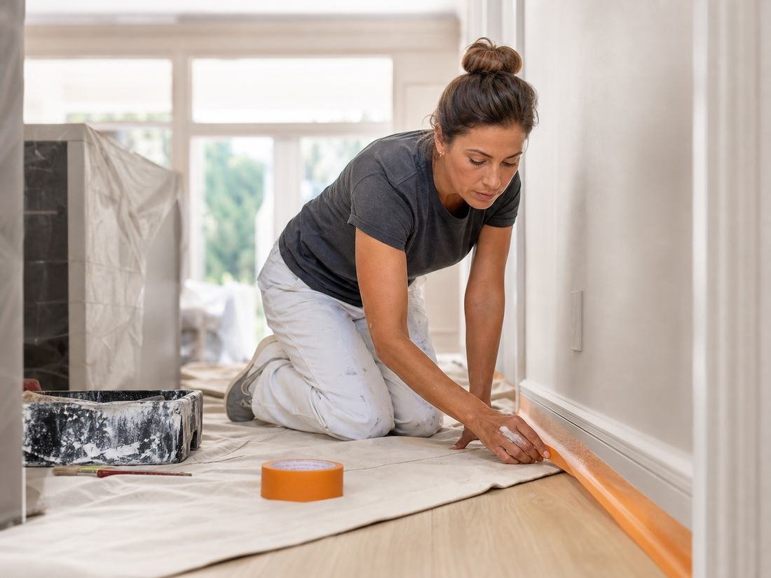 A painter kneeling on a drop cloth, pressing masking tape along a baseboard before work begins.